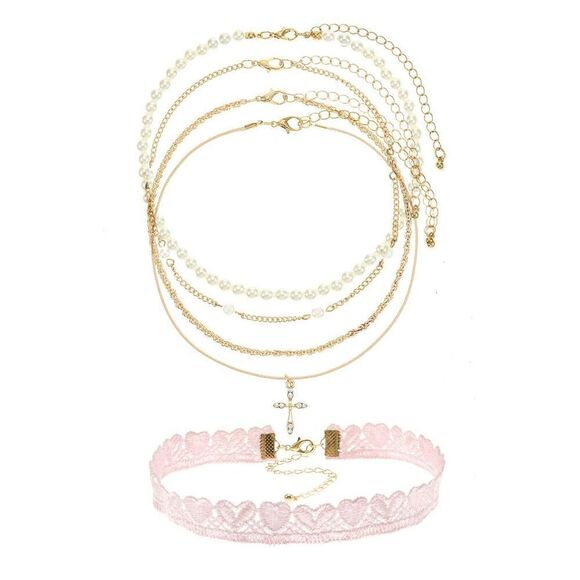 No Boundaries Women’s Goldtone Choker Necklace Set, Cross, Pink, 5-Piece - Picture 1 of 4